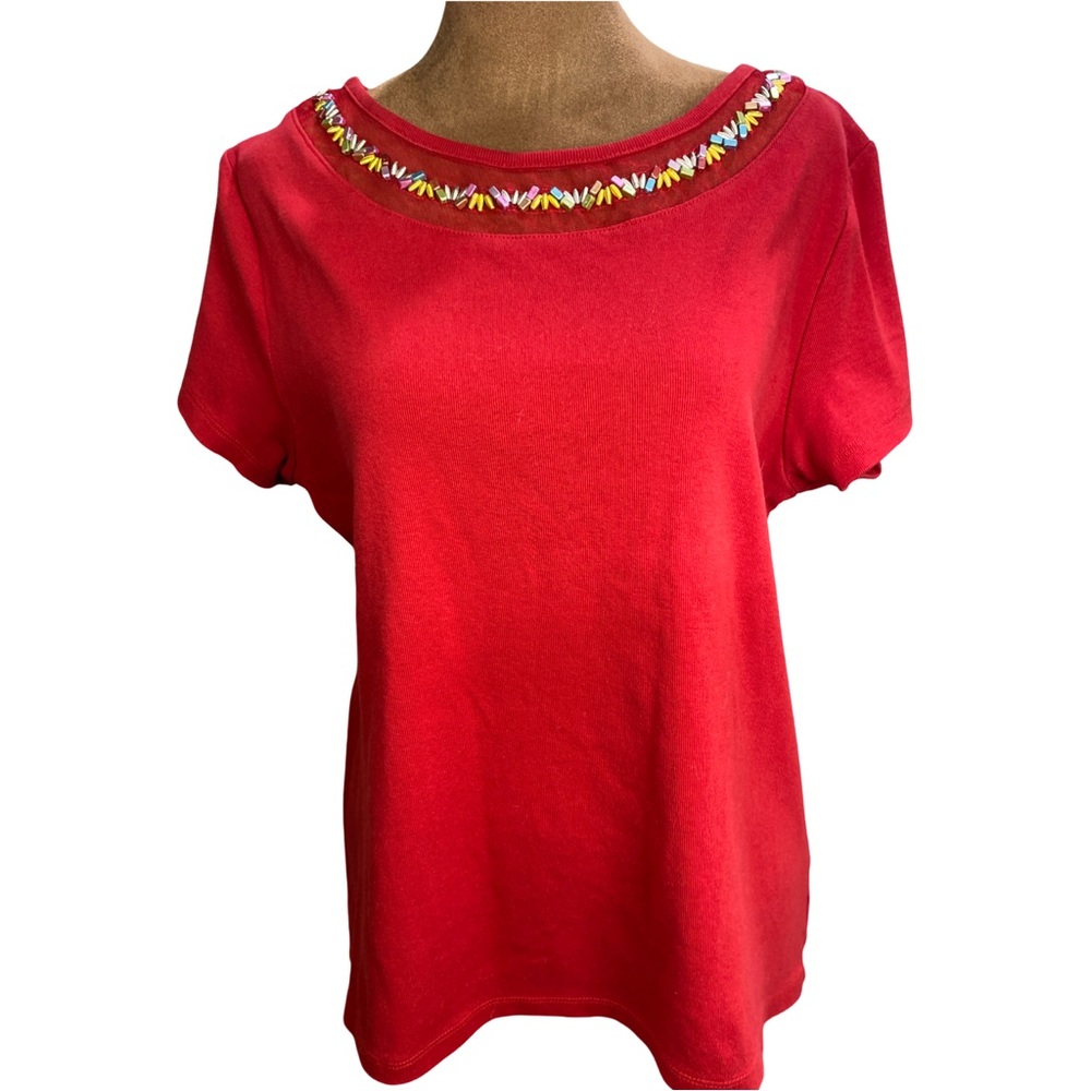 Rafaella Red Embroidered‎ Short Sleeve Top Size L